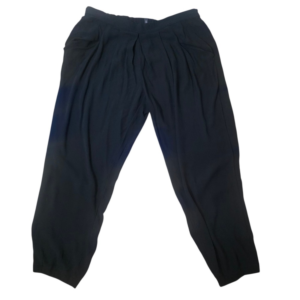 Eileen Fisher Womens L Black Silk Crepe Pleated Tapered Pull On Pants